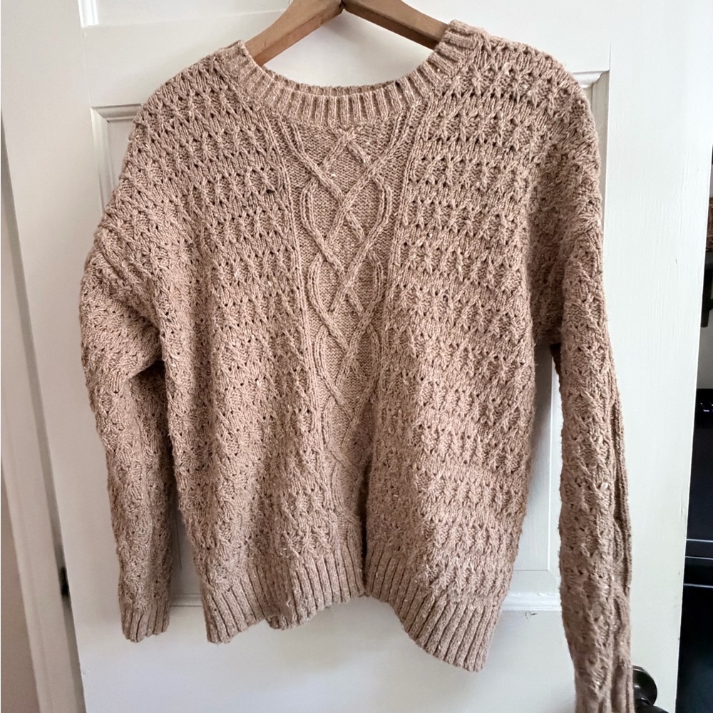 LOFT Taupe Cable Knit Crewneck Sweater